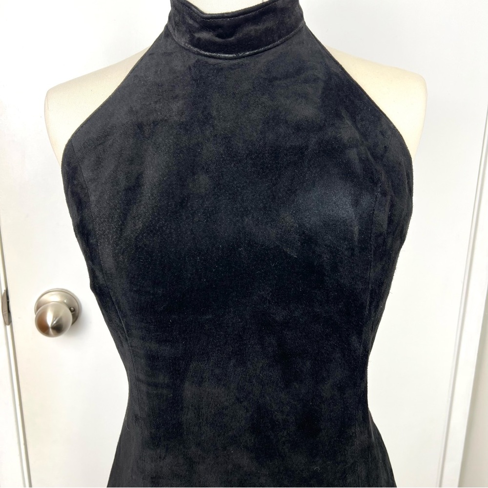 Vintage Leather Suede Long Column Dress Size 4 Black High Halter Neck Sexy Y2K - Picture 3 of 17